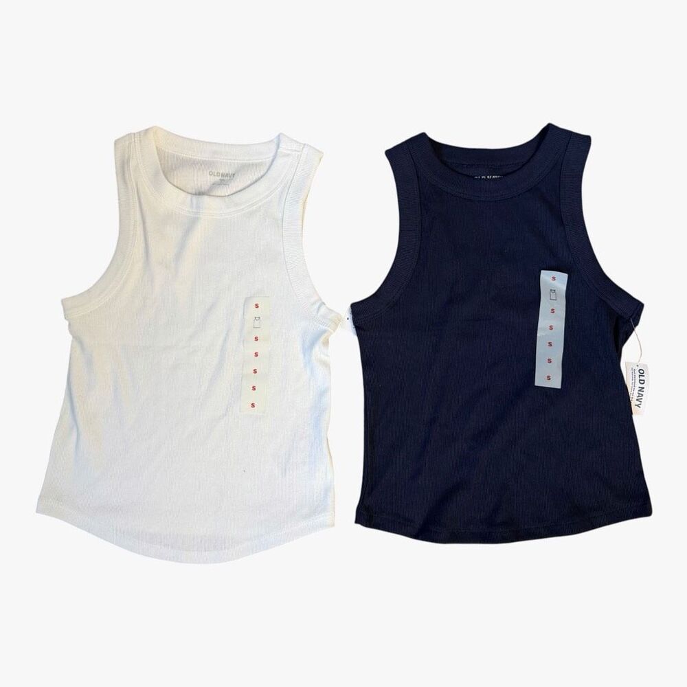 NWT Old Navy Snug Crop Ribbed Tank Top Lot 2 Pack Small White Navy High Neck